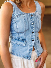 Fitted stretchy light wash denim vest top.