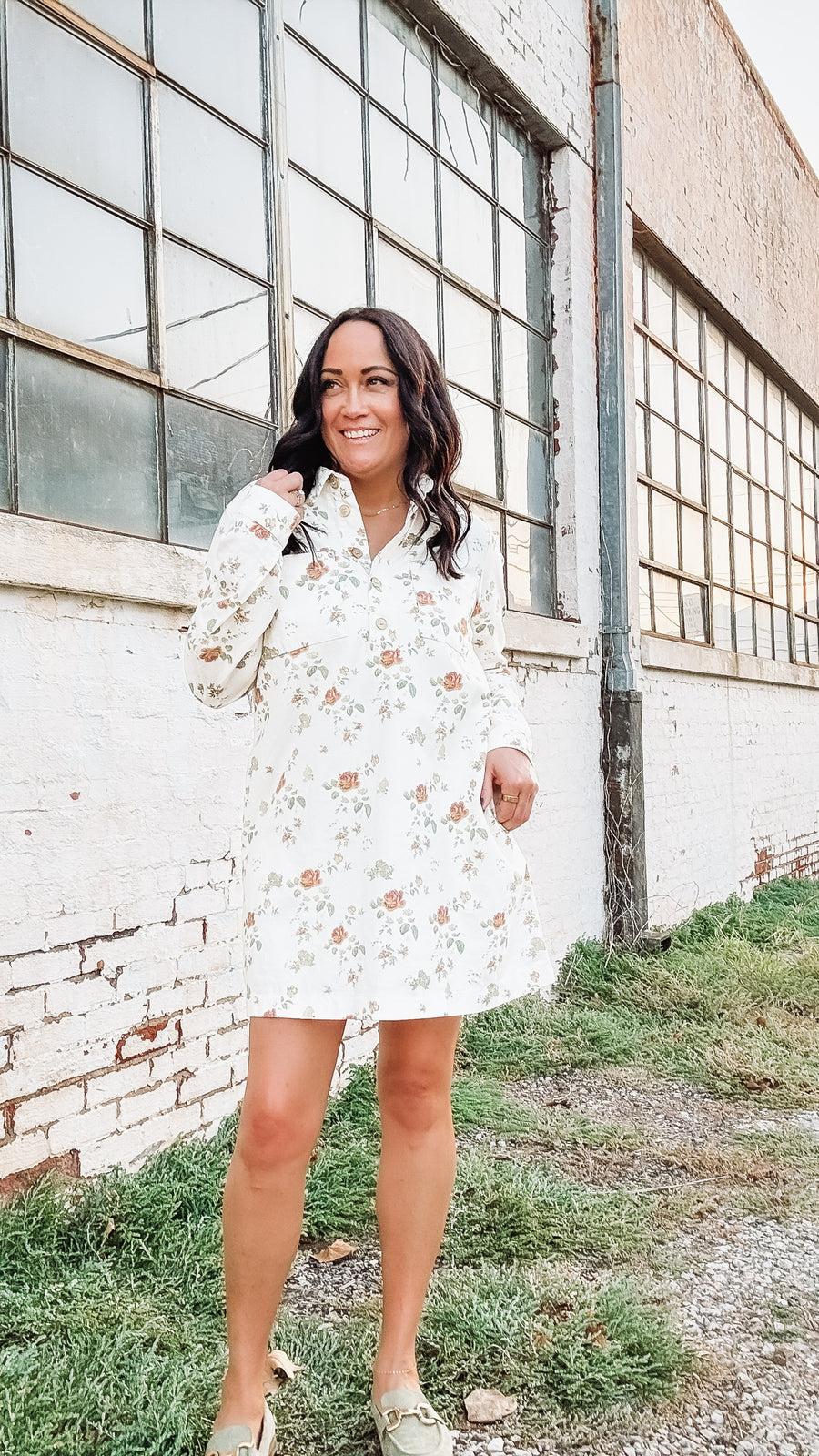 Long sleeve cream denim button up mini  dress with olive and rust florals.
