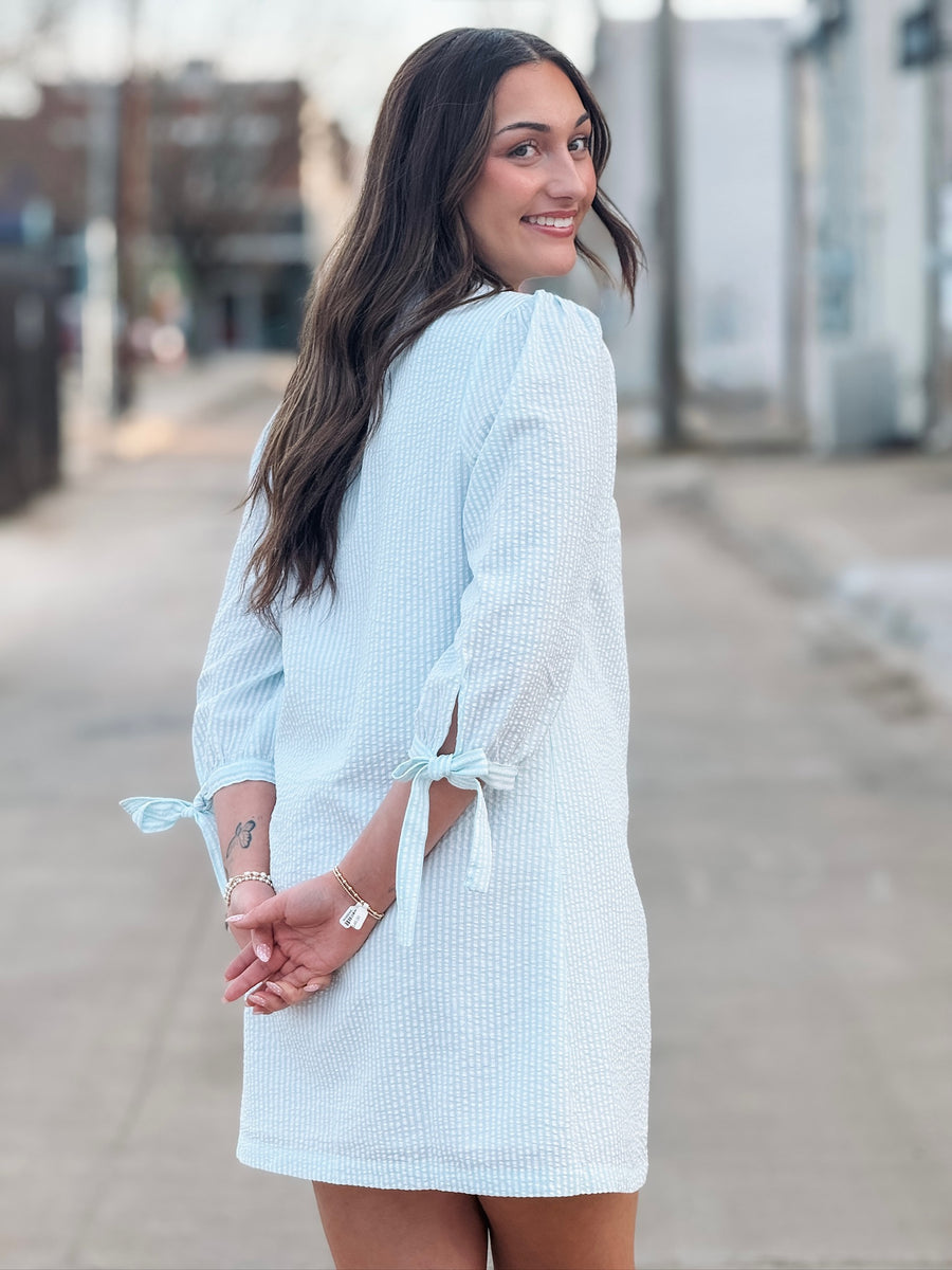 Mint pinstripe 3/4 sleeve bow tie detail mini dress with subtle v neckline.