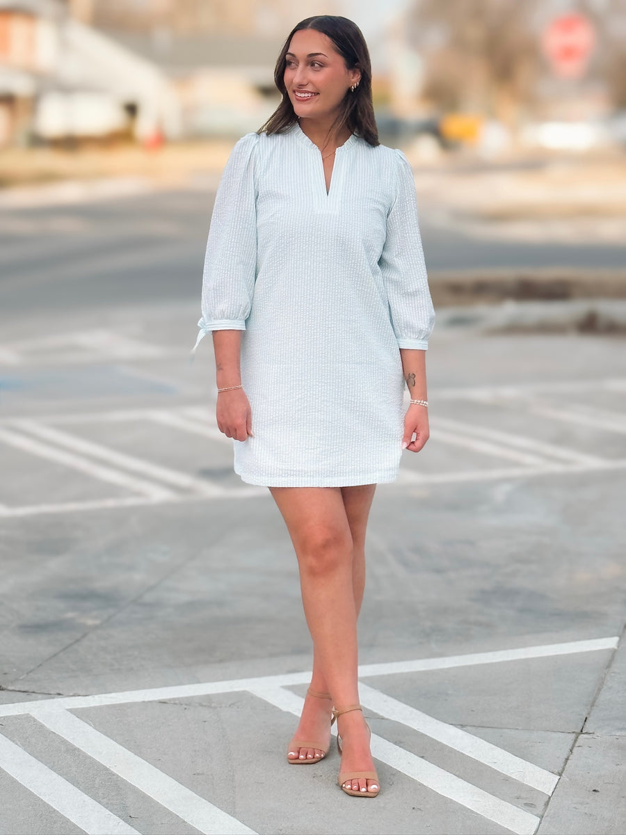 Mint pinstripe 3/4 sleeve bow tie detail mini dress with subtle v neckline.