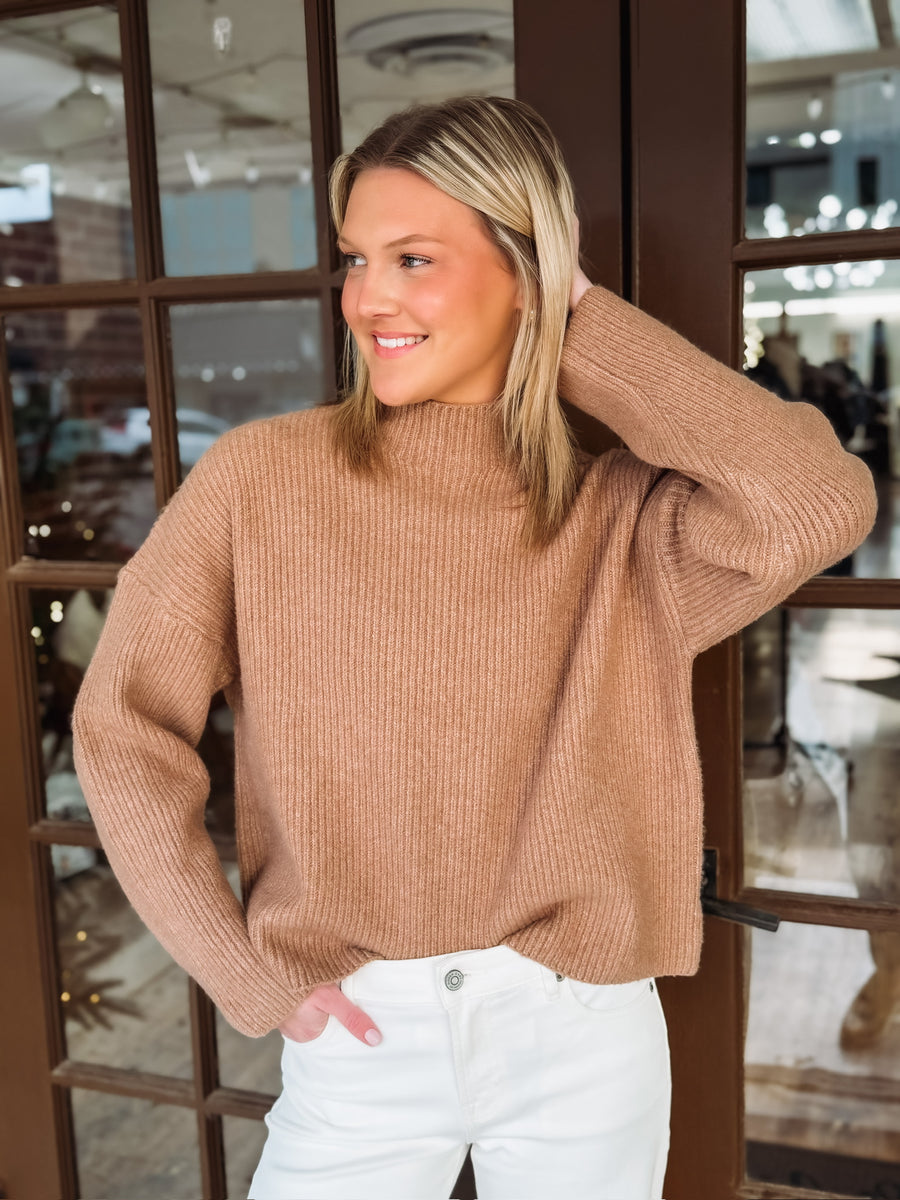 Mocha long sleeve  mock neck ribbed sweater