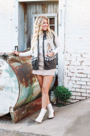 Mock neck zip up sweater vest with charcoal fairisle and horse graphic.