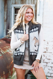 Mock neck zip up sweater vest with charcoal fairisle and horse graphic.