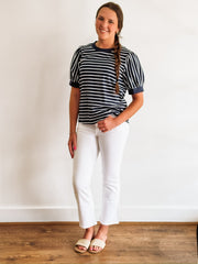 Navy and white short sleeve puff sleeve top.