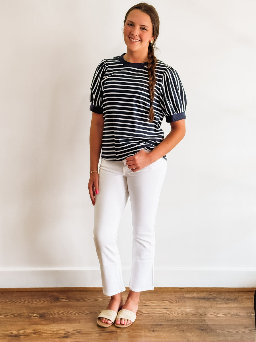 Navy and white short sleeve puff sleeve top.