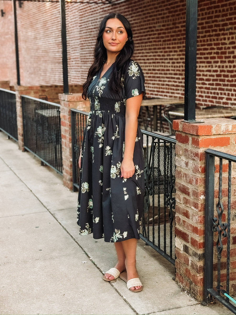 Short sleeve navy floral midi dress with v neck and zip front closure and smocked waist.