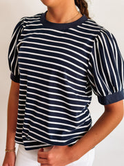 Navy and white short sleeve puff sleeve top.