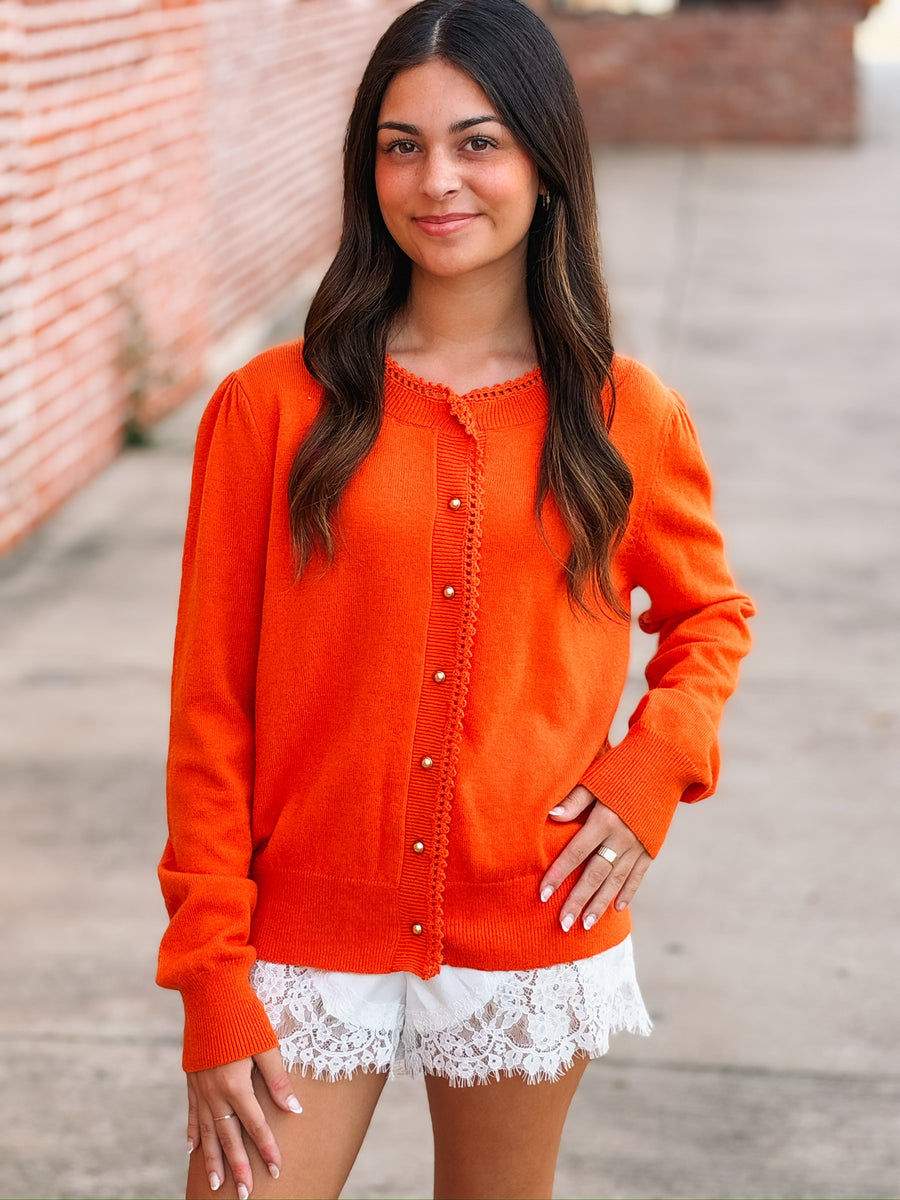 Orange Long Sleeve Scalloped Detail Cardigan