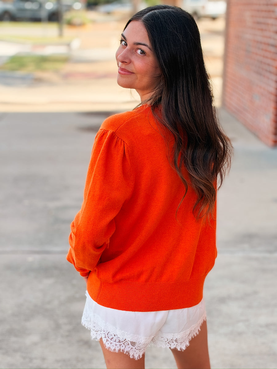 Orange Long Sleeve Scalloped Detail Cardigan With Gold Detail