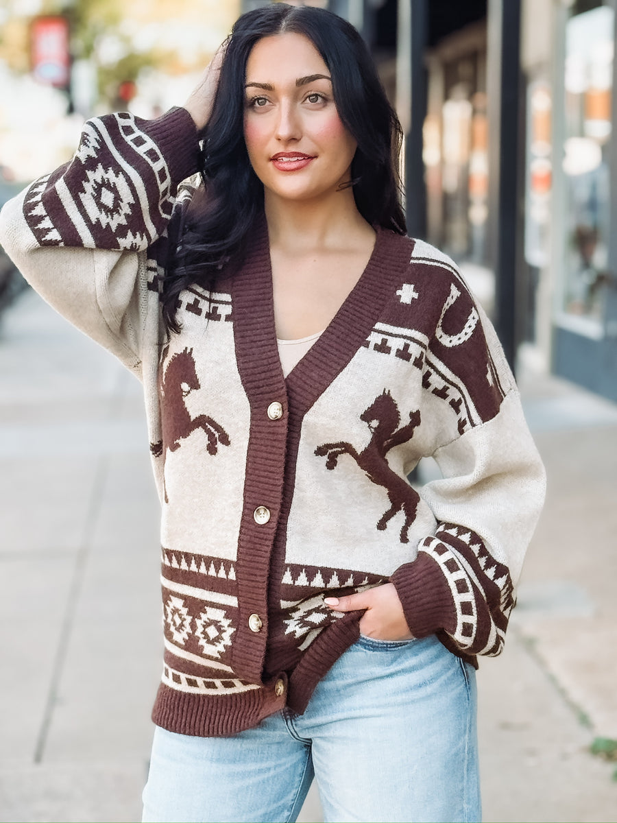 Horse aztec printed brown and cream cardigan sweater.