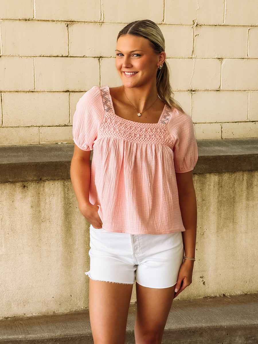 Pink Crochet Detail Peasant Top