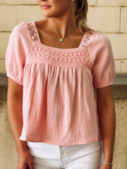 Pink Crochet Detail Peasant Top
