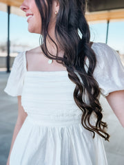 Ivory short sleeve pleated bodice with smocked backing mini dress.