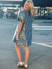puff sleeve blue and gold floral shimmer mini dress.