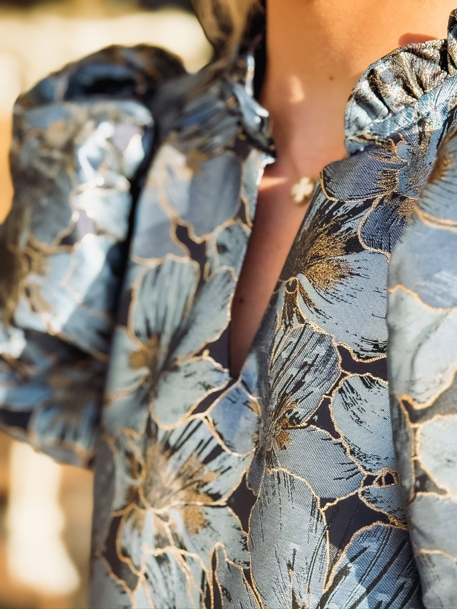 puff sleeve blue and gold floral shimmer mini dress.