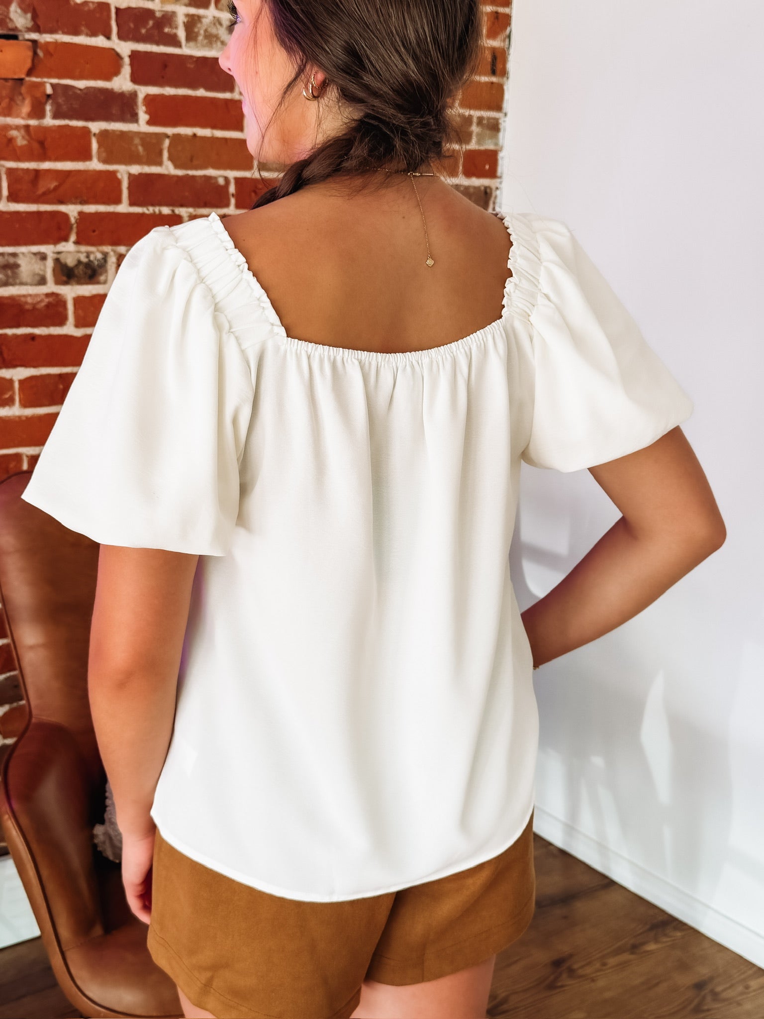 Short Sleeve Ivory Square Neck Puff Sleeve Blouse.