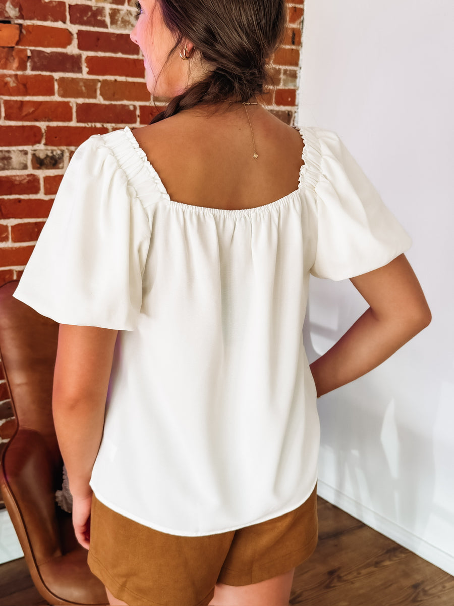 Short Sleeve Ivory Square Neck Puff Sleeve Blouse.