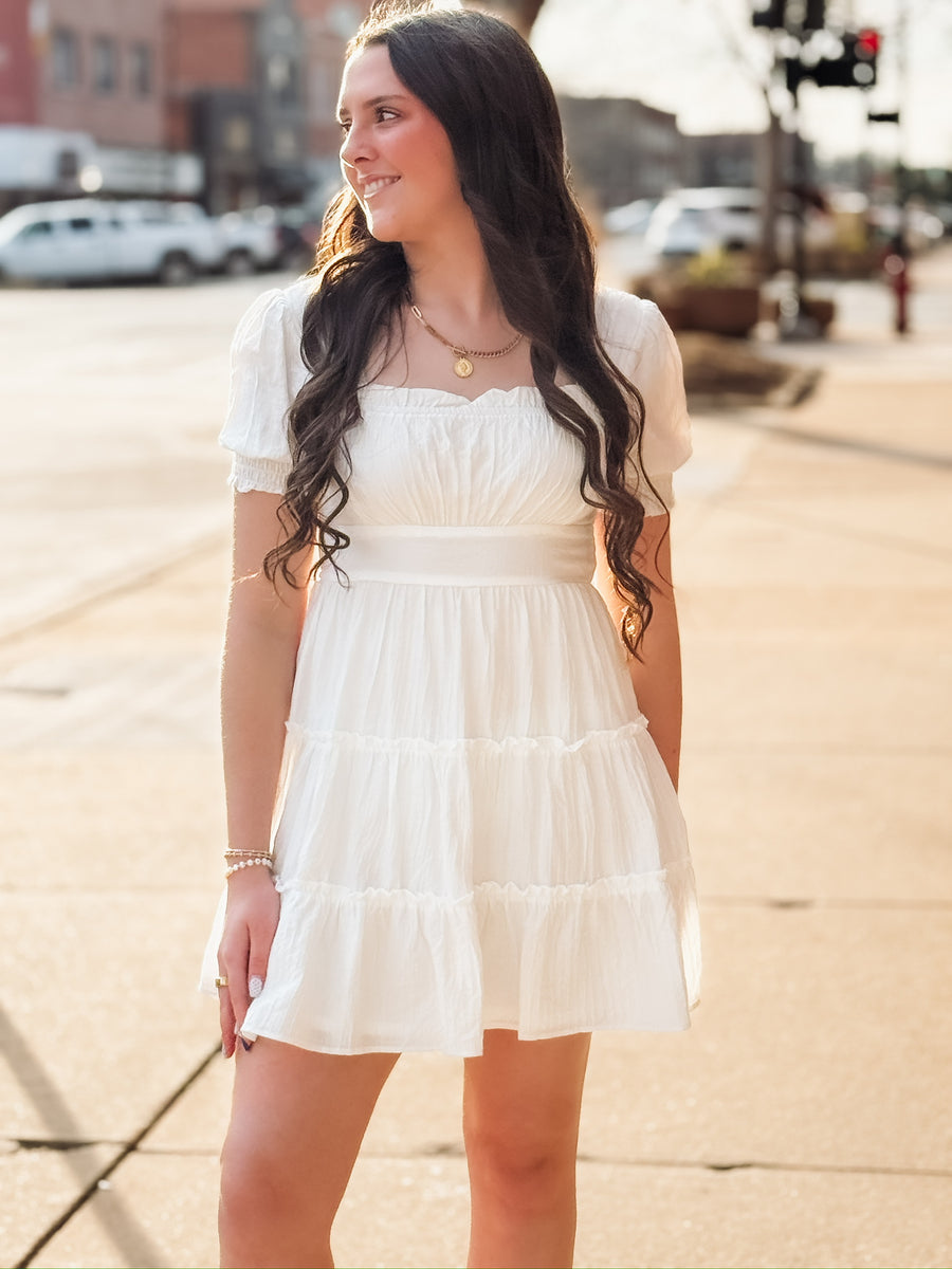 White tiered ruffle short smocked sleeve and back mini dress.
