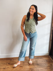 Sage Green Vest Top with out Eastside jeans.