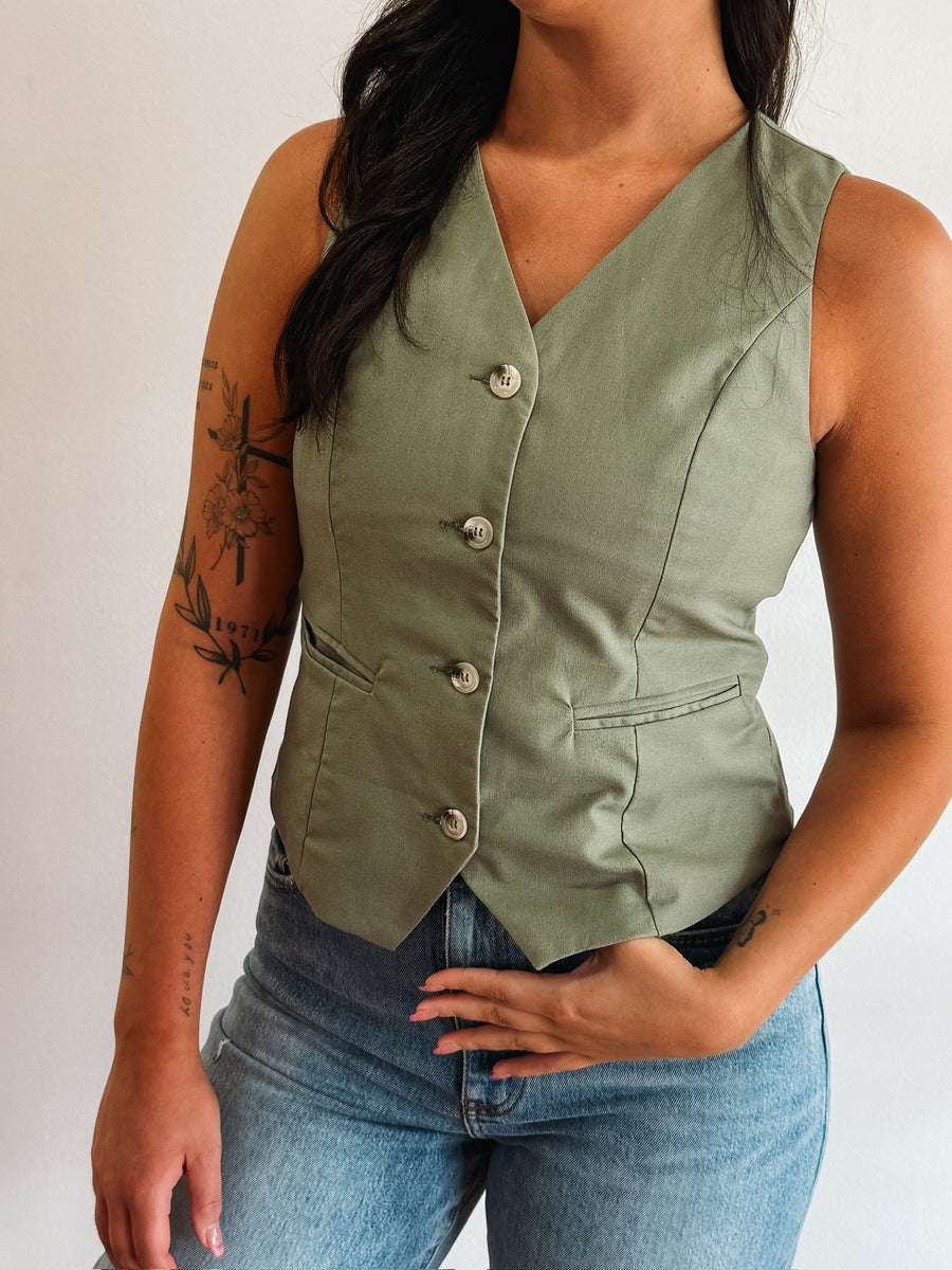 Sage Green Vest Top with out Eastside jeans.