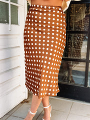Brown and cream satin polka dot maxi skirt.
