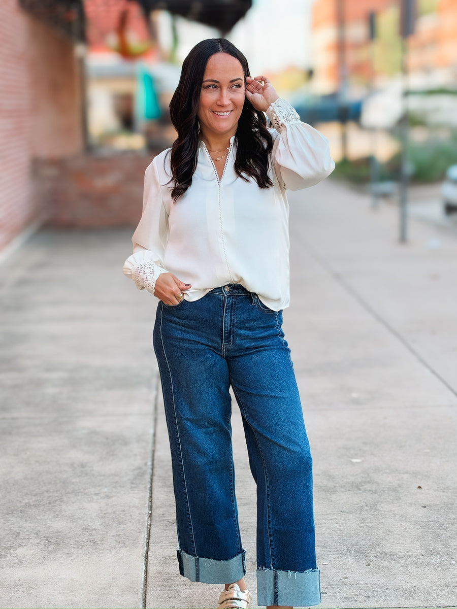 Satin crotchet detail button up blouse 