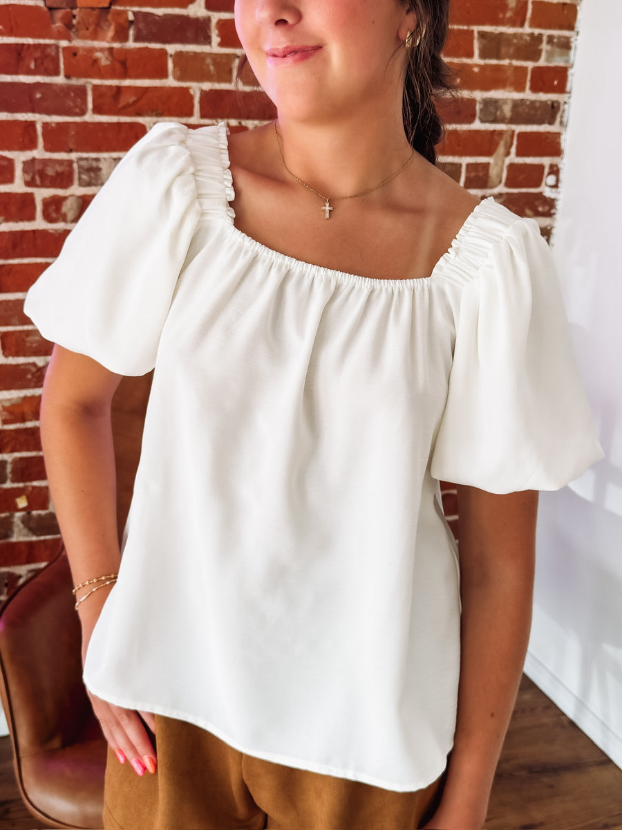 Short Sleeve Ivory Square Neck Puff Sleeve Blouse.