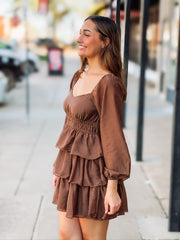 Smocked detail ruffle dress in brown