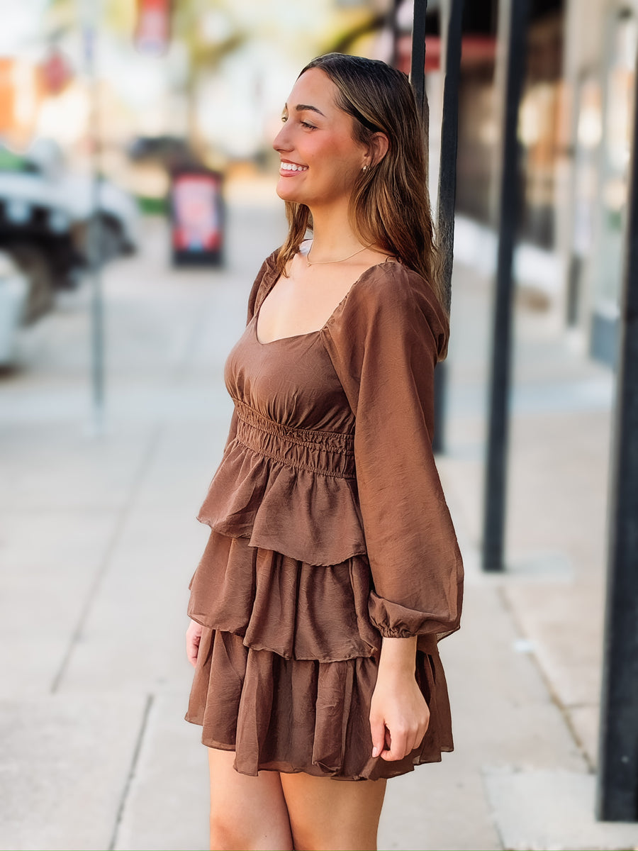 Smocked detail ruffle dress in brown