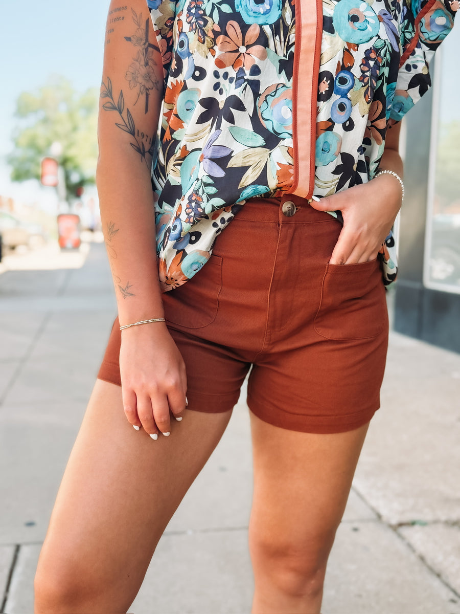 Rust-colored front pocket shorts