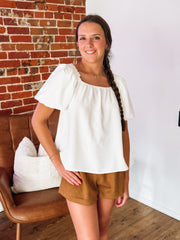 Short Sleeve Ivory Square Neck Puff Sleeve Blouse.