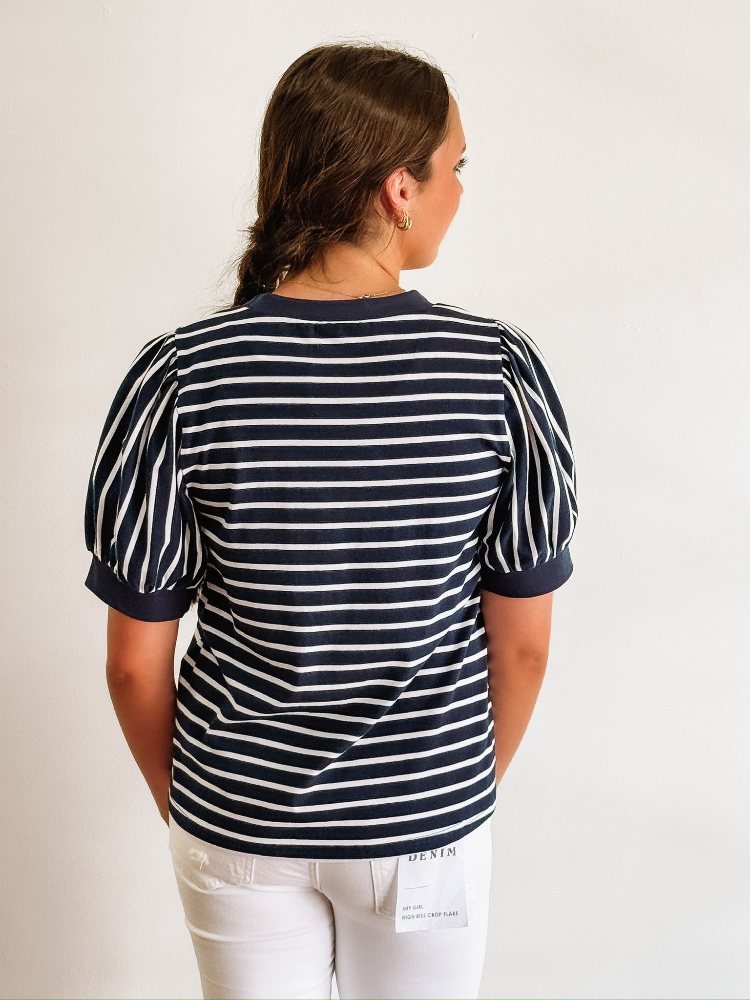 Navy and white short sleeve puff sleeve top.