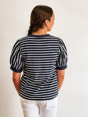 Navy and white short sleeve puff sleeve top.