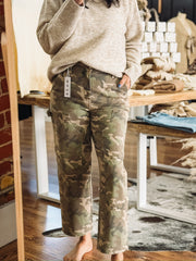 Sundaze jeans in Carpenter , a straight leg stopped cut, In Hideway, a dark camo print.