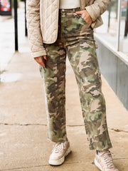 Sundaze jeans in Carpenter , a straight leg stopped cut, In Hideway, a dark camo print.