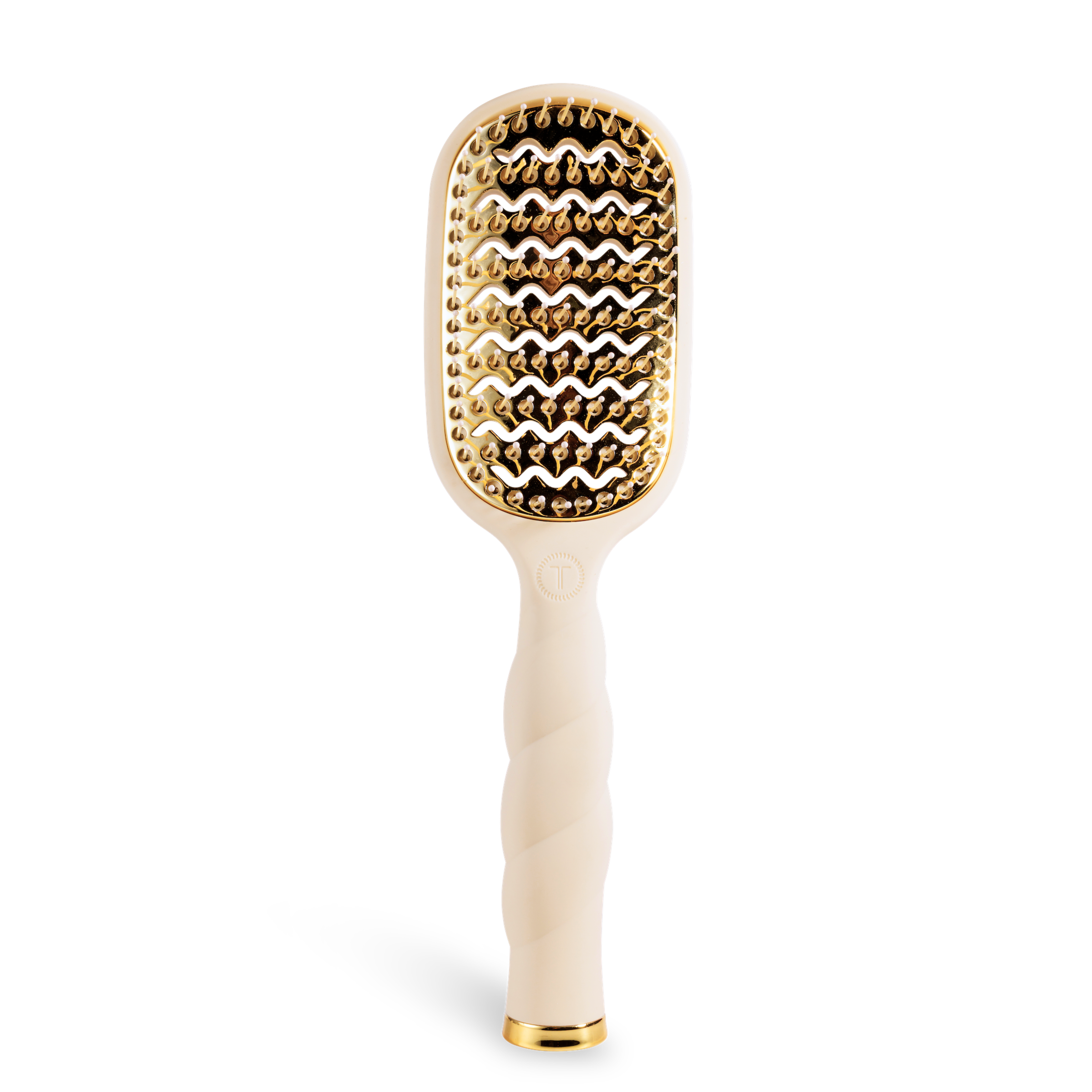 Hairbrush with gold bristle head and tan handle 