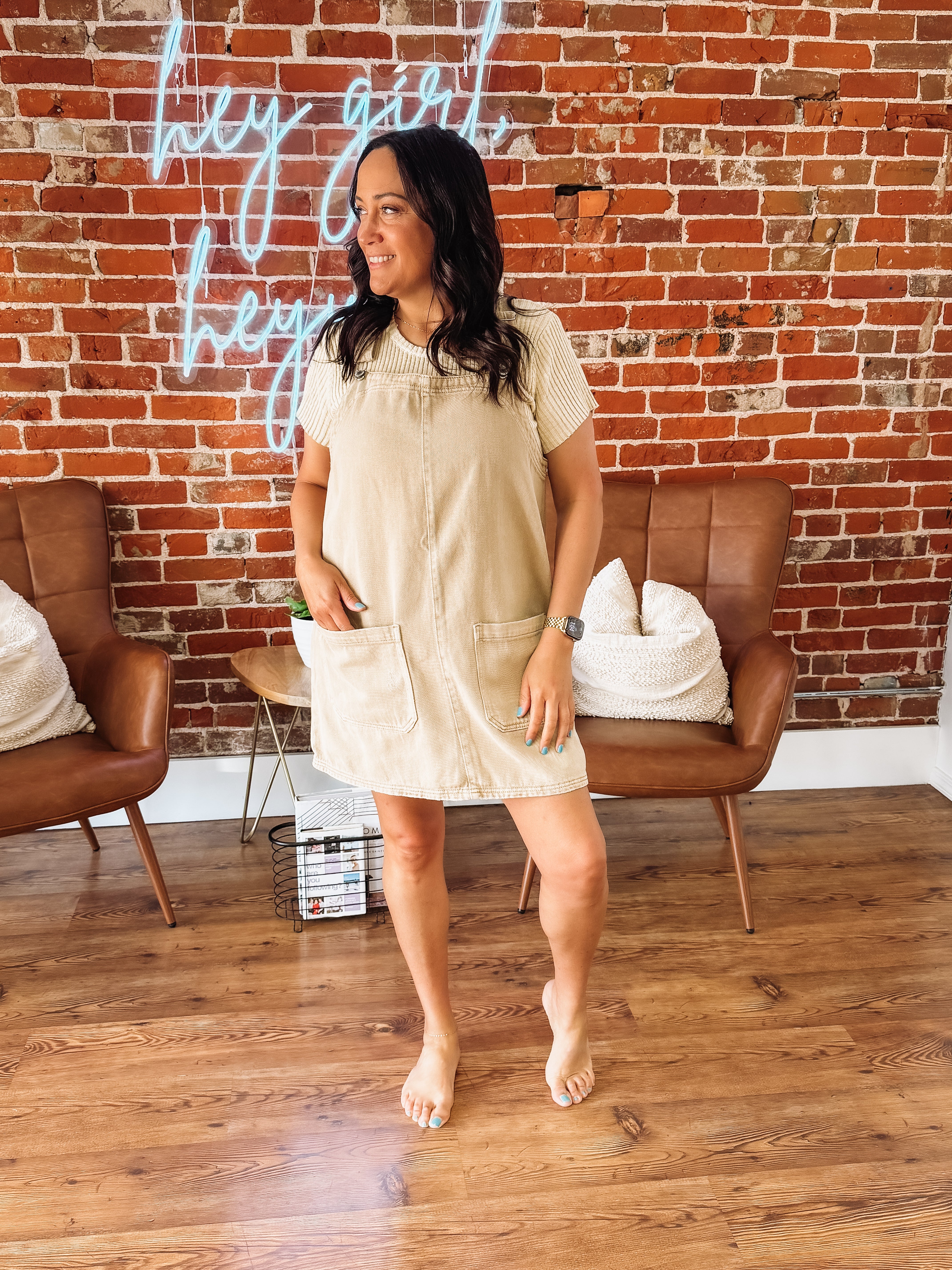 Taupe denim mini overall dress.