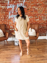 Taupe denim mini overall dress.