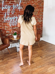 Taupe denim mini overall dress.