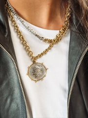 Two toned cuban link chain with our two Toned Coin Necklace.