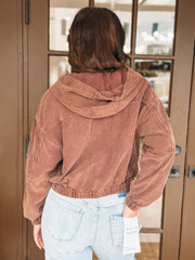 Washed brown cropped corduroy zip up jacket.