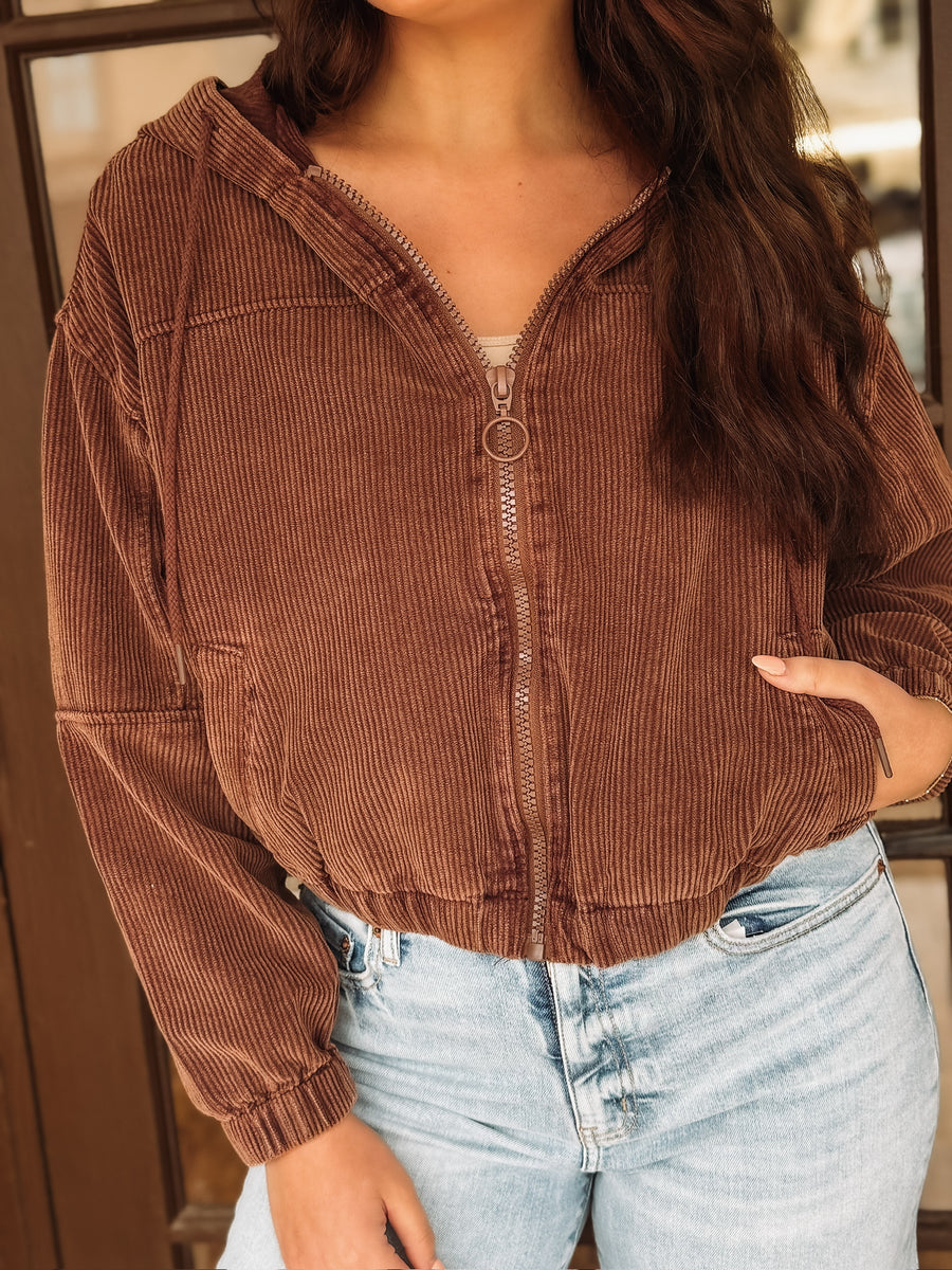 Washed brown cropped corduroy zip up jacket.