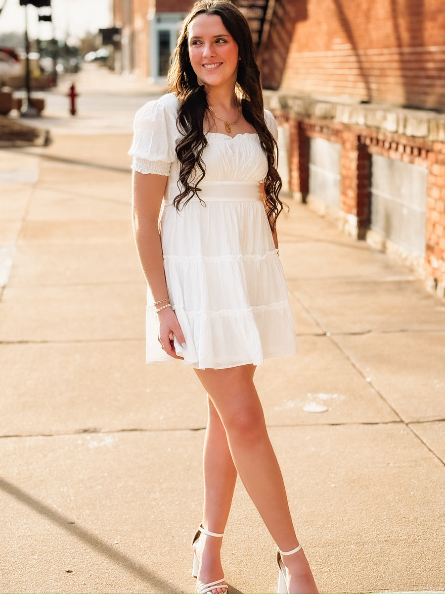 White tiered ruffle short smocked sleeve and back mini dress.