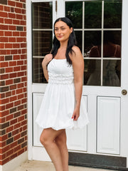 White spaghetti strapped bubble mini dress.