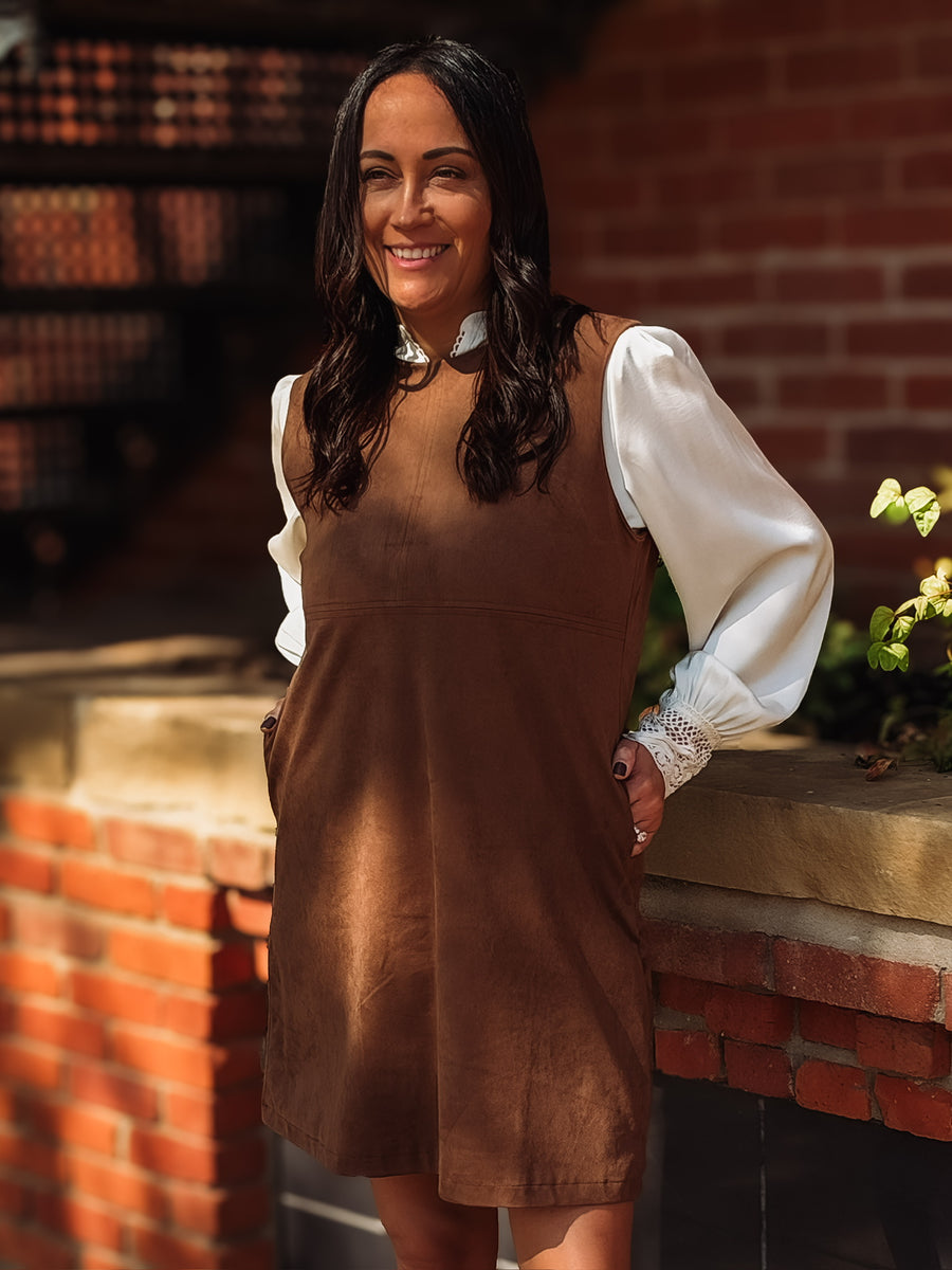 Women's brown suede sleeveless shift dress with seaming detail 