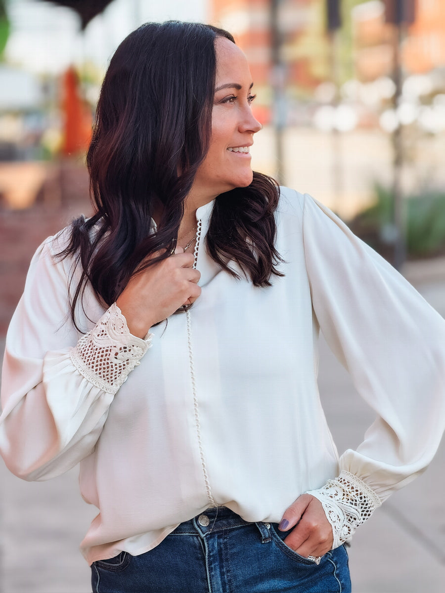 Satin crotchet detail button up relaxed fit blouse 