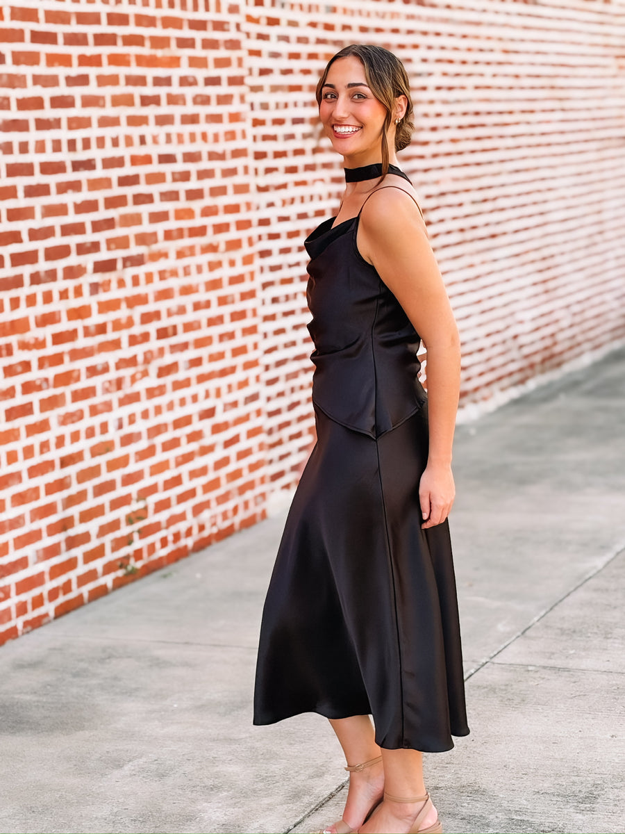 Womens Black Satin Asymmetrical Midi Dress With Cowl Detail and neck tie 