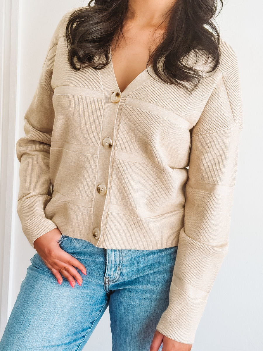 beige textured button up cardigan