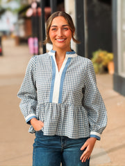 blue plaid contrast trim blouse 