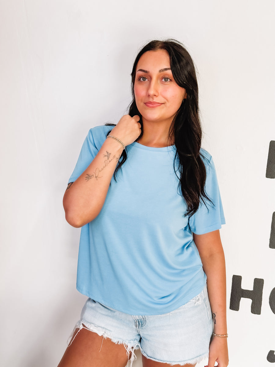 blue short sleeve modal top